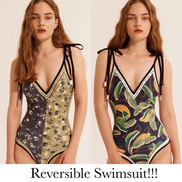Boho Green & Black Floral Reversible Swimsuit with Shoulder Ties - Picture 1 of 16